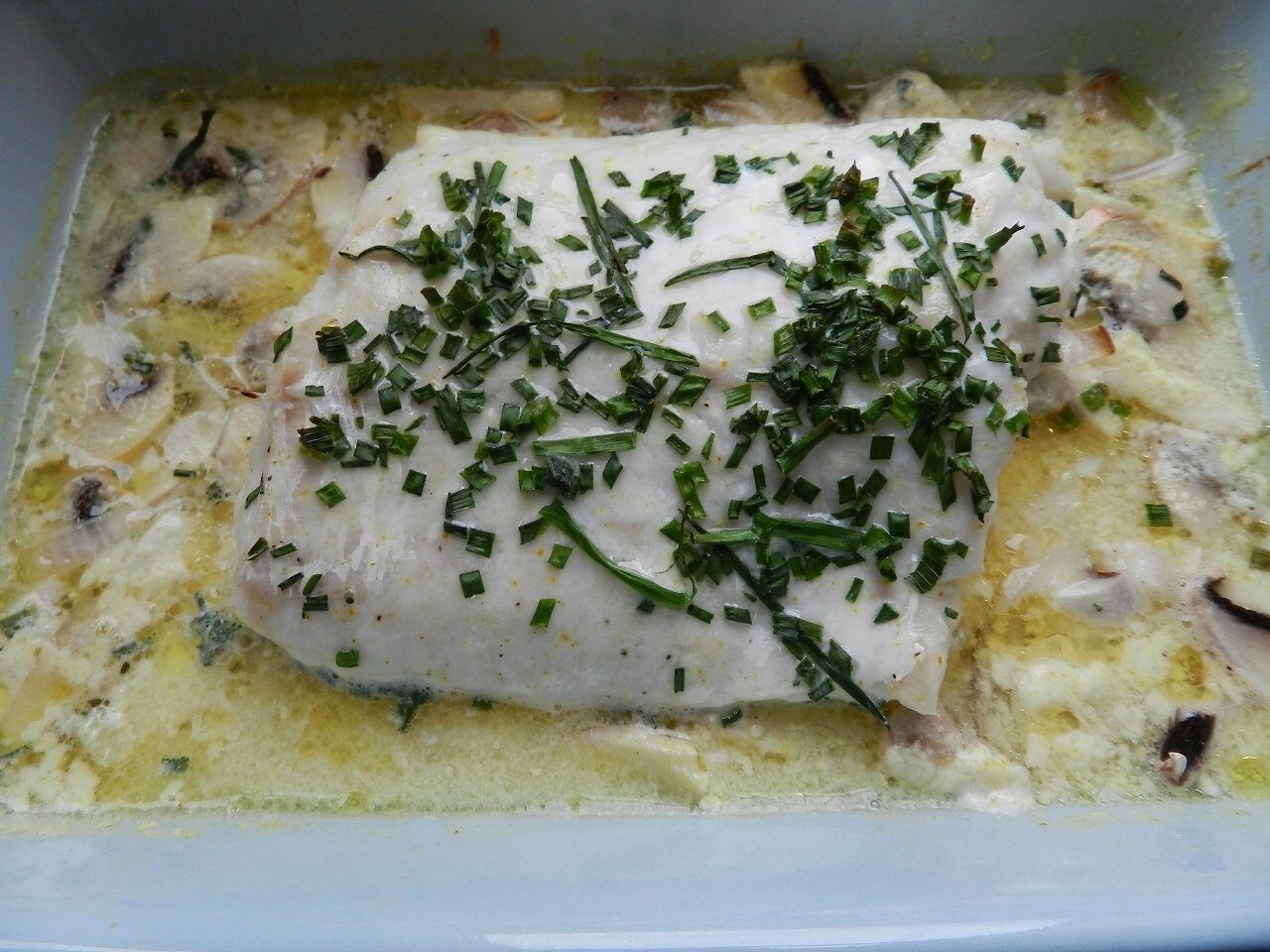 filet de julienne crème et champignons au four